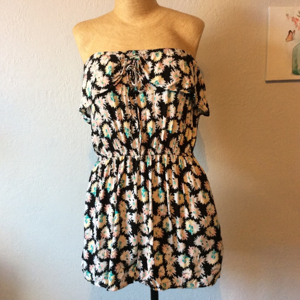 American Rag Women's Black Yellow Pink Strapless Floral Romper Sz S
